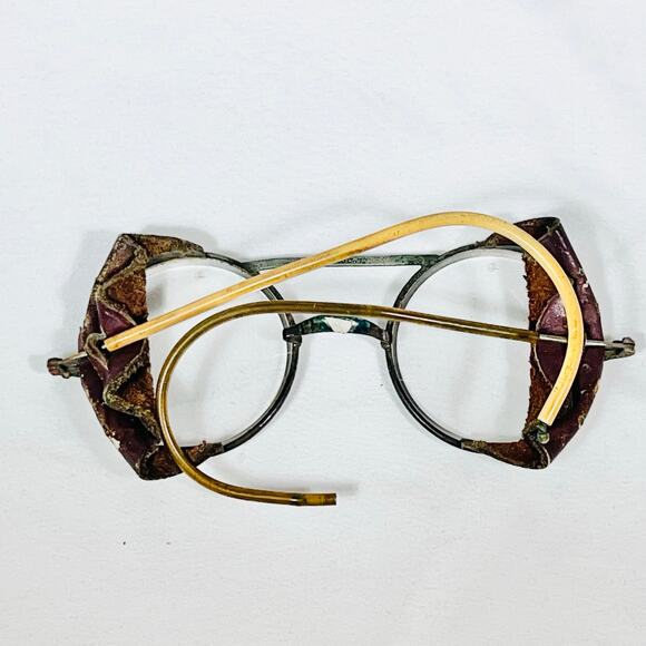 Antique Vintage Motorcycle Glasses W/ Side Leather Metal Wire Frame Round Lens - Picture 2 of 16